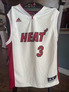adidas White and Red Miami HEAT #3 Basketball Jersey